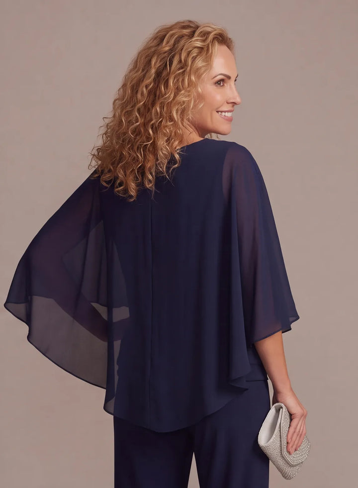 Back detail of navy cape pantsuit for formal evening and special occasions