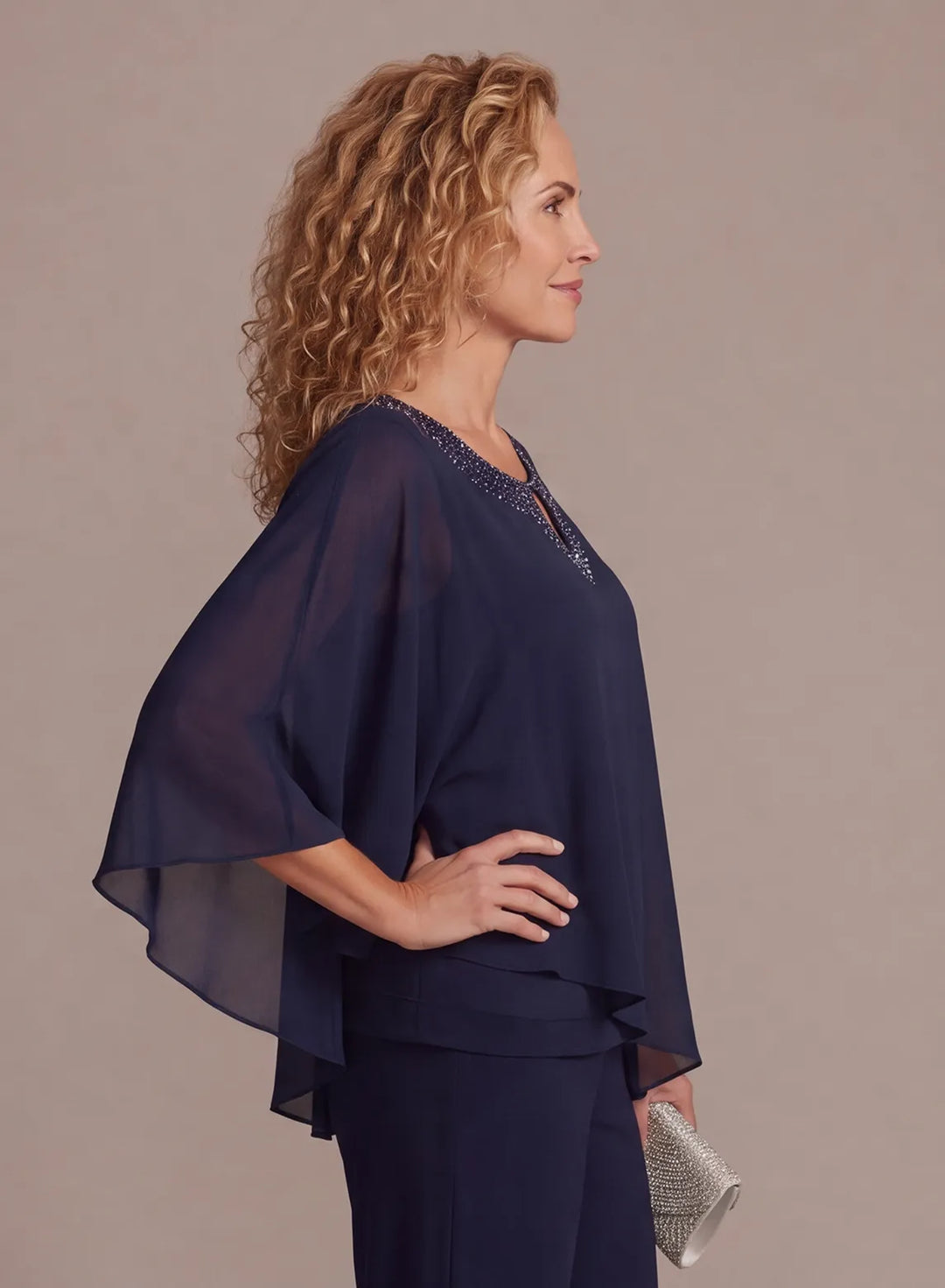 Elegant navy cape sleeve pantsuit for mother of the bride and wedding guests