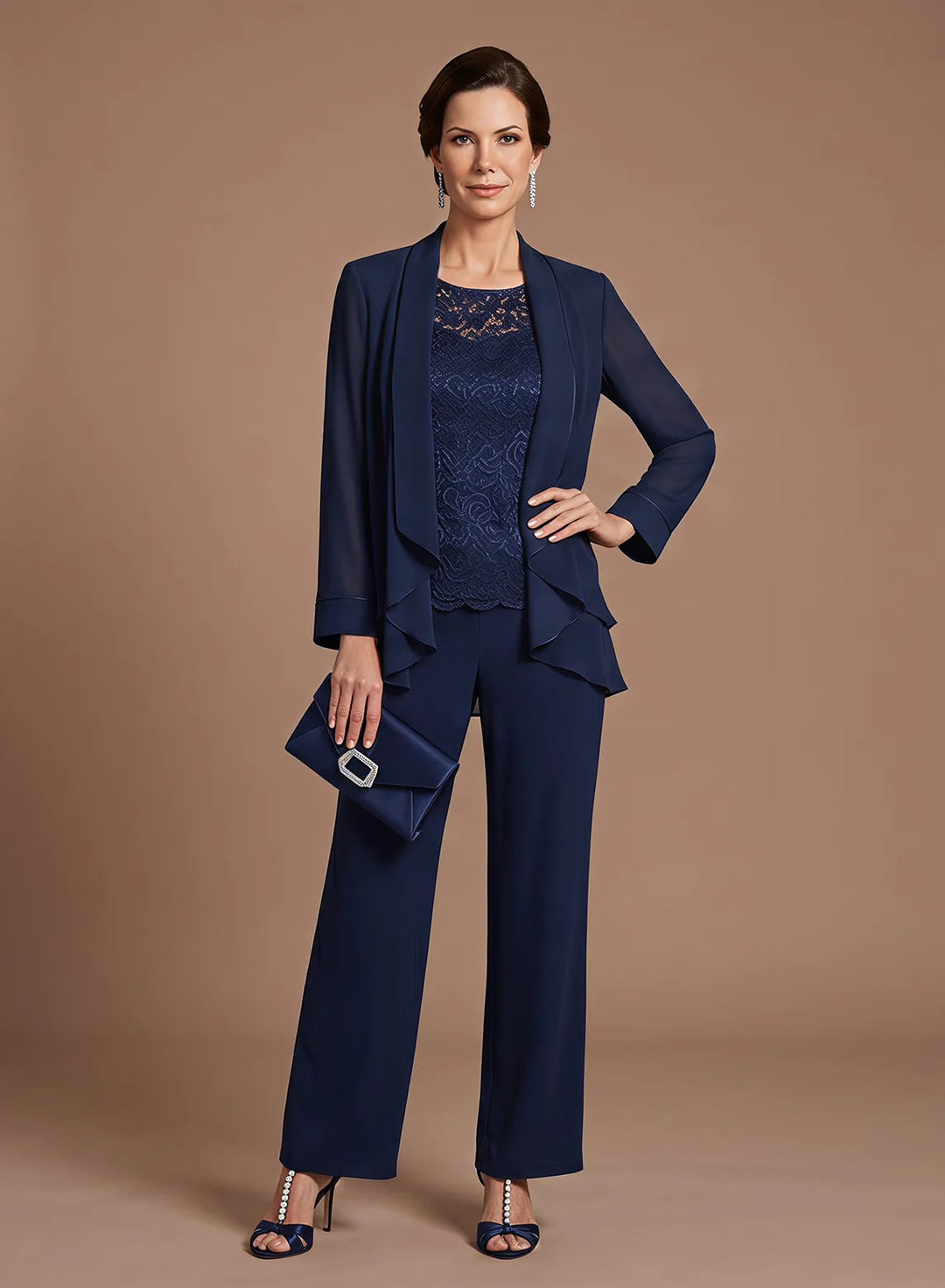 Women's navy blue chiffon 3-piece pantsuit with lace top, layered jacket, and straight-leg pants, front view.