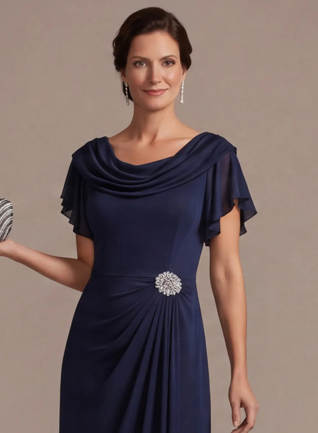 Cowl neck flutter sleeve detail on navy mother of the bride dress