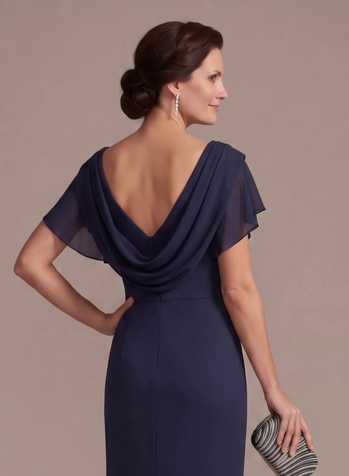 Elegant draped back neckline on navy evening dress for weddings