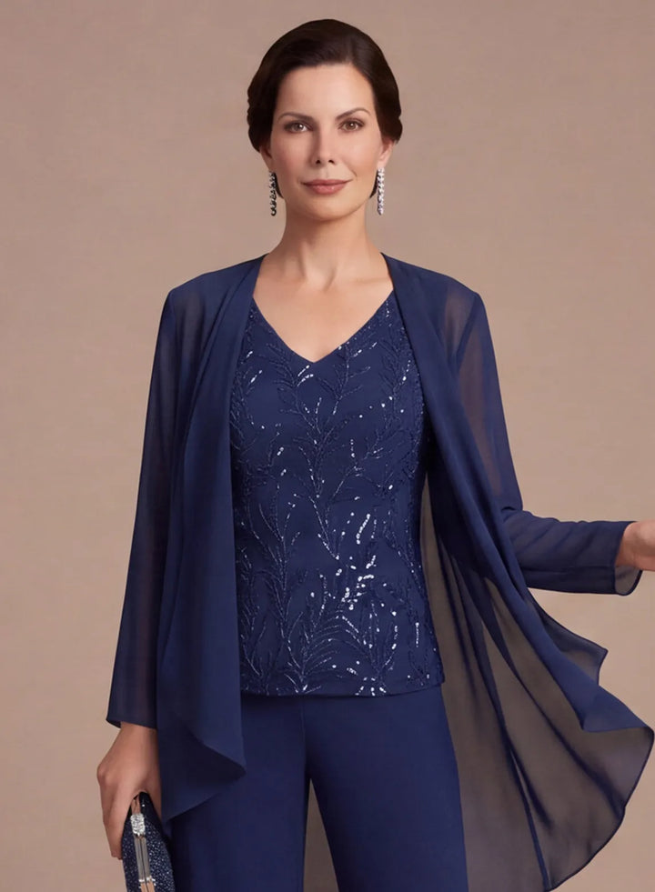 Navy formal pantsuit with V neck lace top for mother of the bride