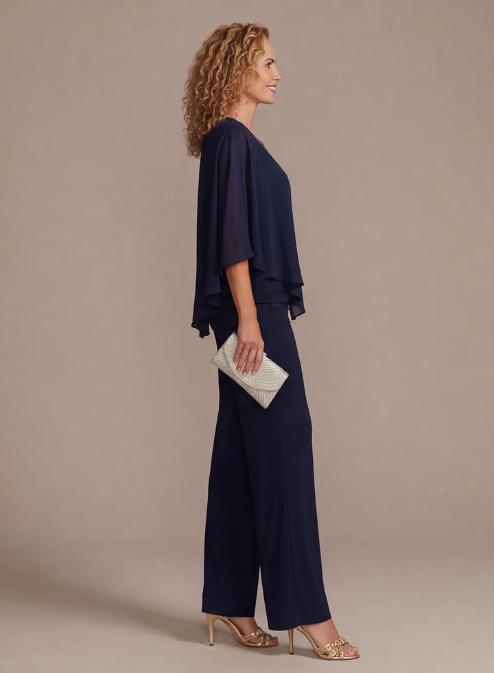 Side view of navy formal pantsuit with flowing wide leg pants for women
