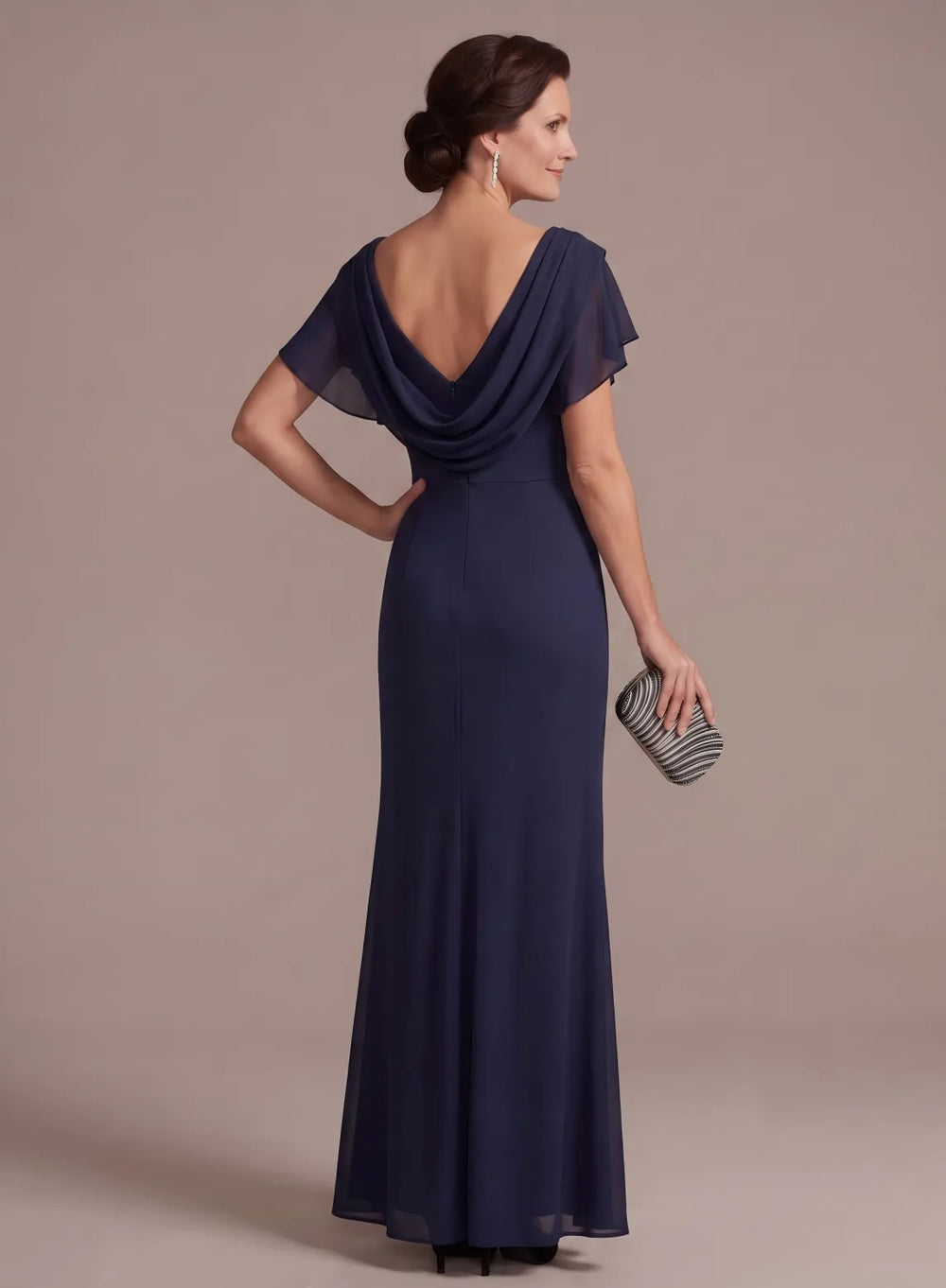 Back view of navy mother of the bride dress with elegant draped neckline
