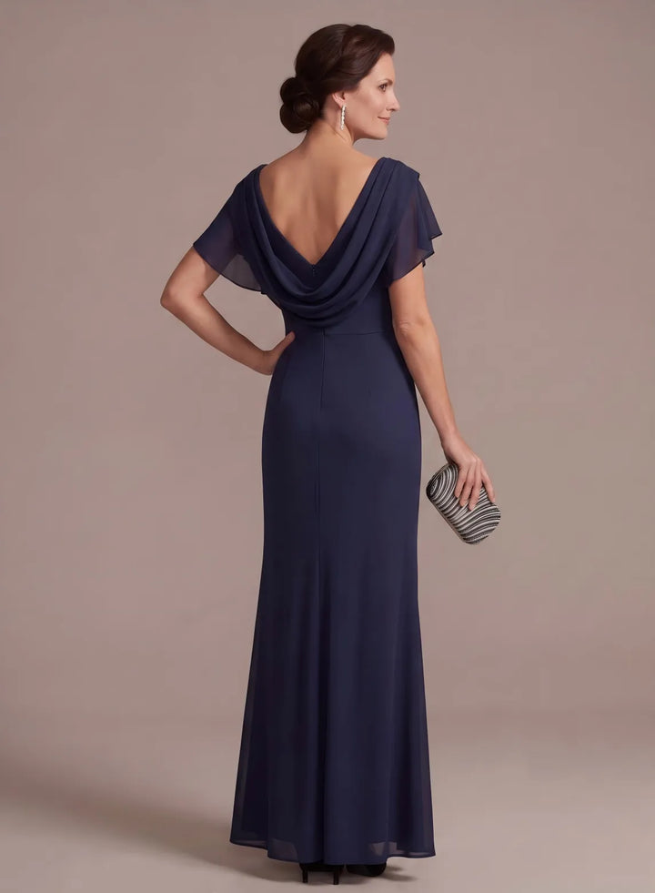 Back view of navy mother of the bride dress with elegant draped neckline
