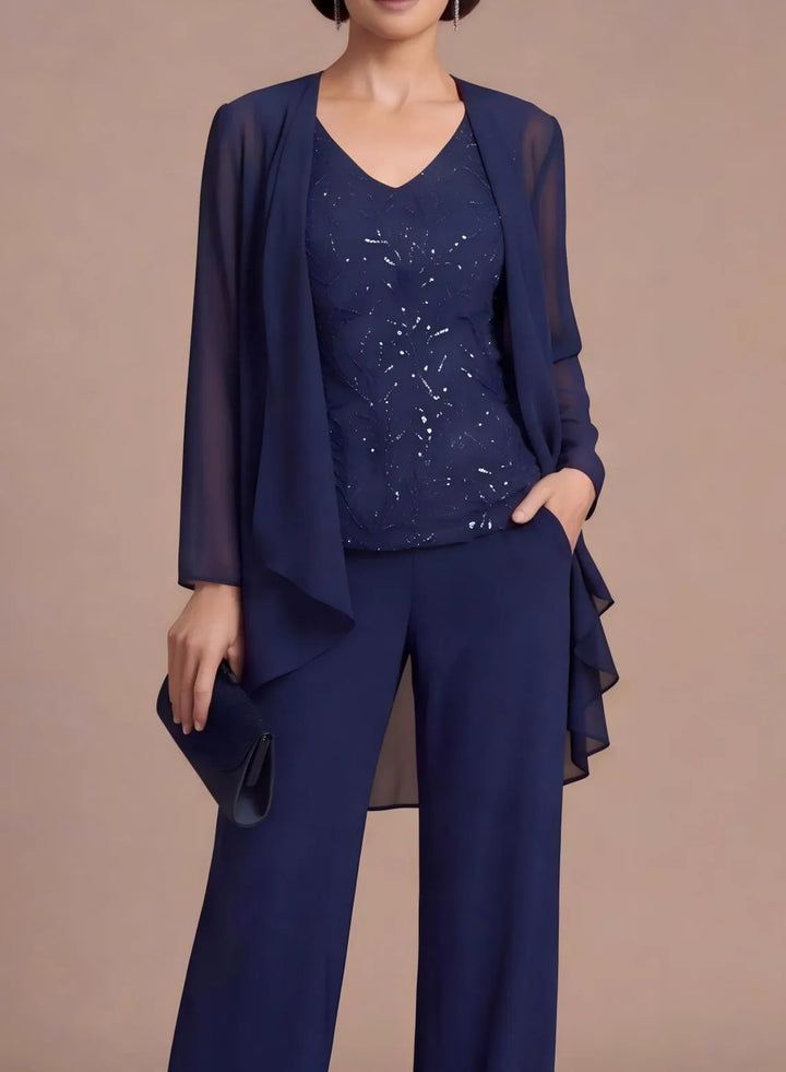 Sparkling lace embellished top detail on navy formal mother of the bride pantsuit