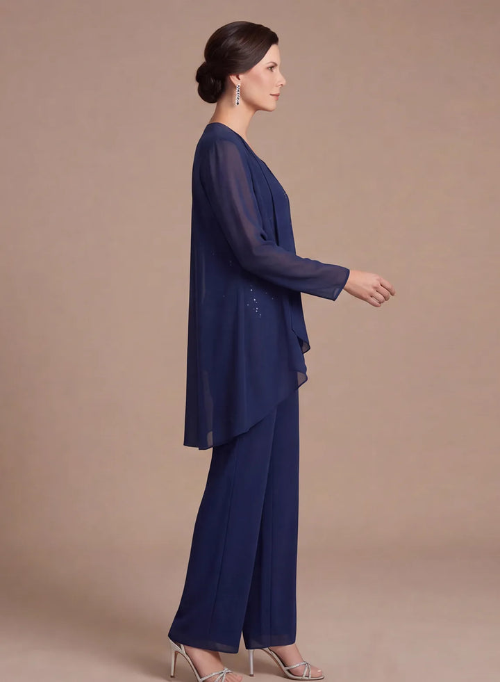 Navy lace pantsuit with flowing chiffon cape side view for wedding occasions