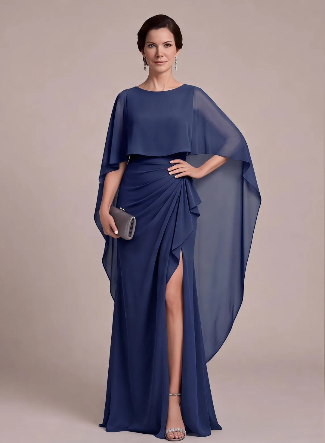 Navy mother of the bride dress with elegant cape sleeves and ruched waist