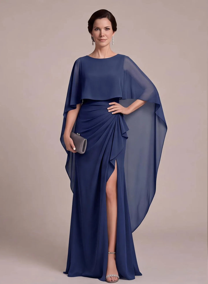 Navy mother of the bride dress with elegant cape sleeves and ruched waist