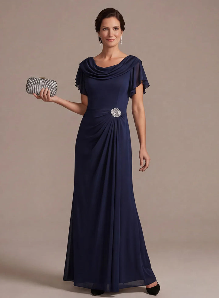 Navy mother of the bride dress with cowl neck and flutter sleeves front view