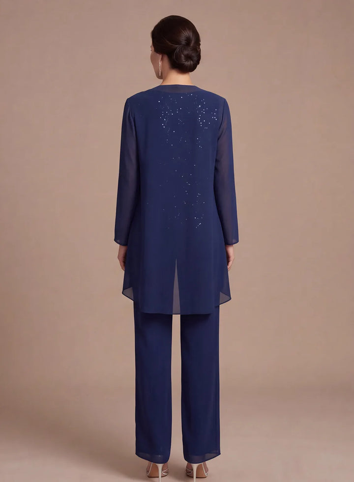 Back view of navy mother of the bride pantsuit with elegant chiffon cape