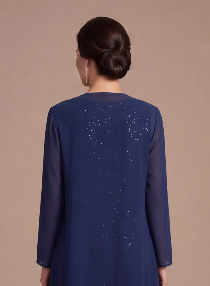 Sparkling lace detail on navy mother of the bride formal pantsuit