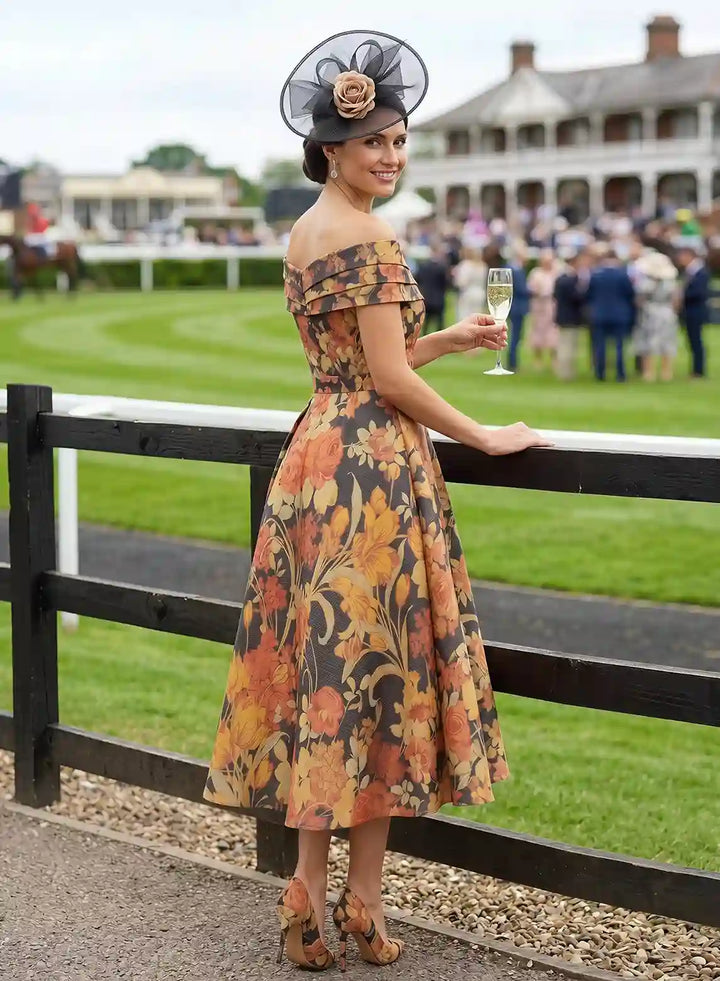 Side view of off shoulder floral cocktail dress for weddings and special occasions