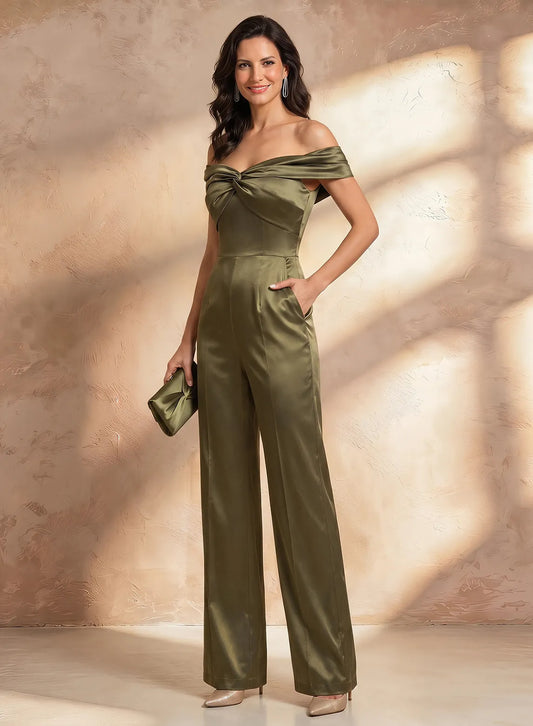 Elegant olive green bardot jumpsuit for mother of the bride with twisted neckline and wide leg silhouette