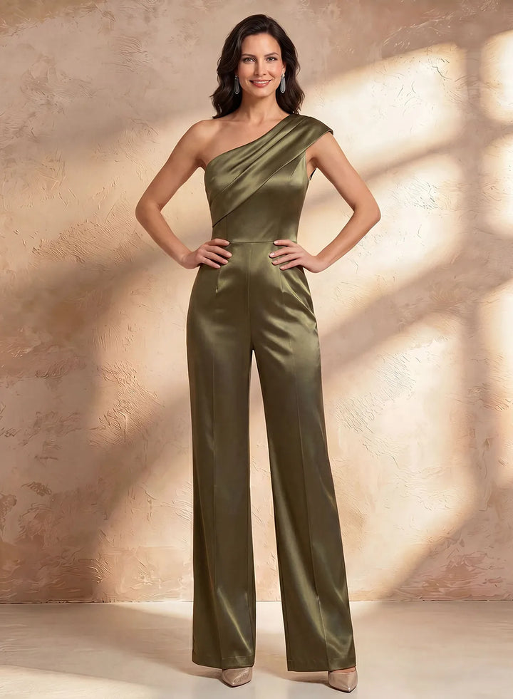 Olive green formal evening jumpsuit for women with sophisticated satin finish and modern style