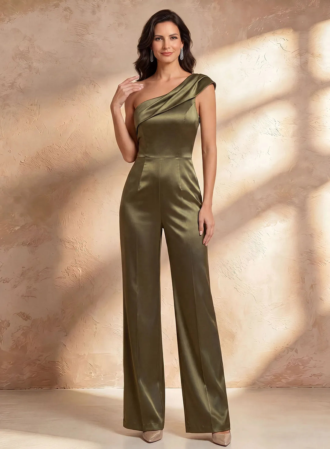 Elegant olive green satin mother of the bride jumpsuit with one shoulder neckline and wide leg design
