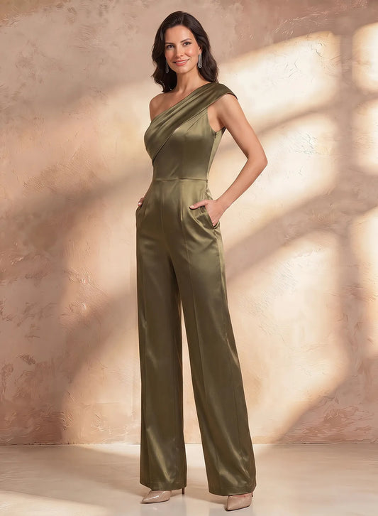 Olive green wedding guest jumpsuit featuring luxurious satin fabric and elegant wide leg silhouette