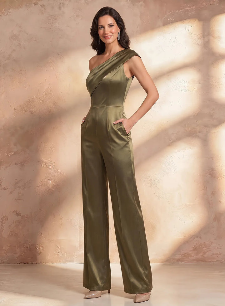 Olive green wedding guest jumpsuit featuring luxurious satin fabric and elegant wide leg silhouette