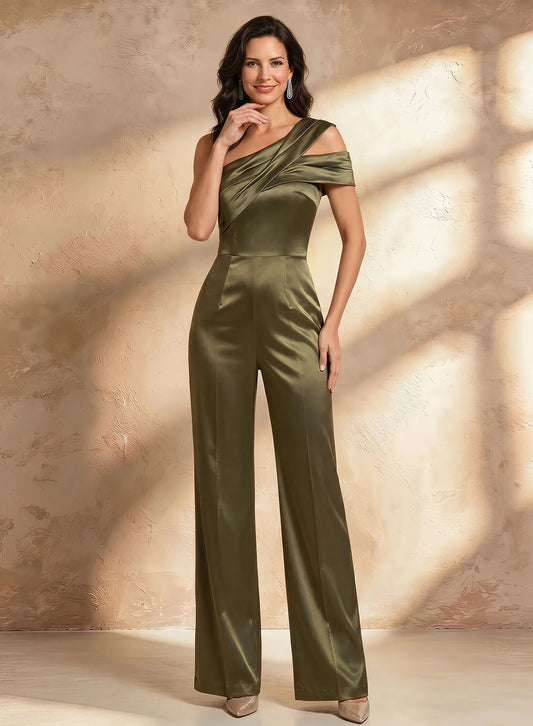 Olive green wedding guest jumpsuit featuring elegant draped neckline and flowing wide legs