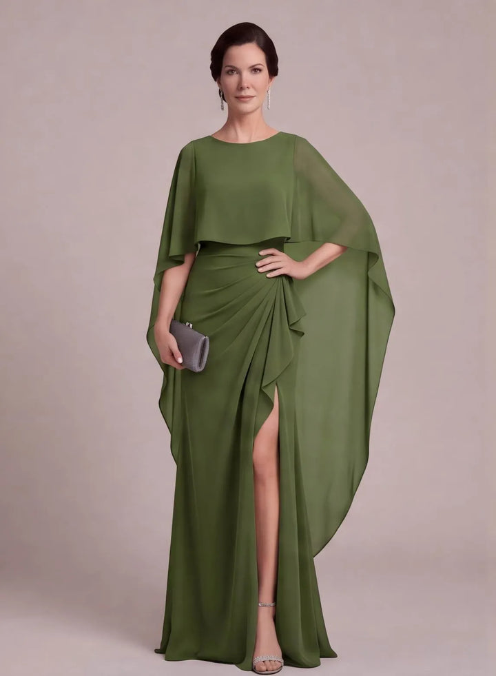 Olive mother of the bride dress with elegant cape sleeves and ruched waist