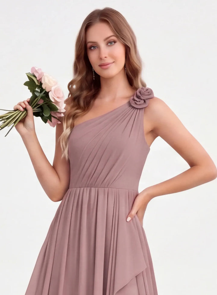 One shoulder bridesmaid dress with floral shoulder detail and draped neckline