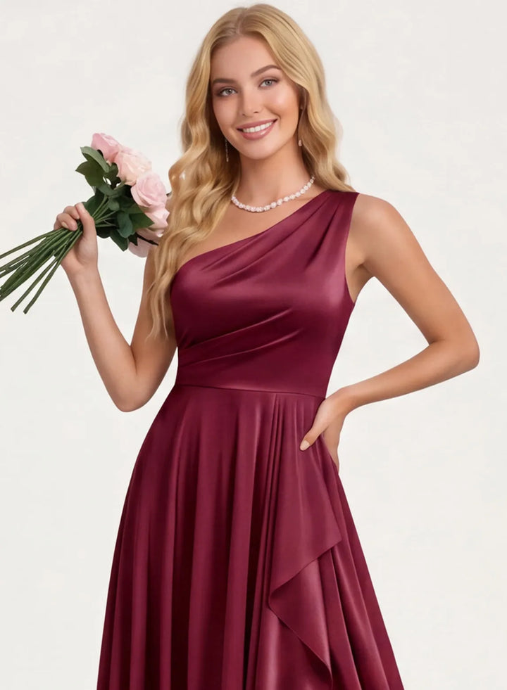 One shoulder satin bridesmaid dress neckline detail with elegant wedding style