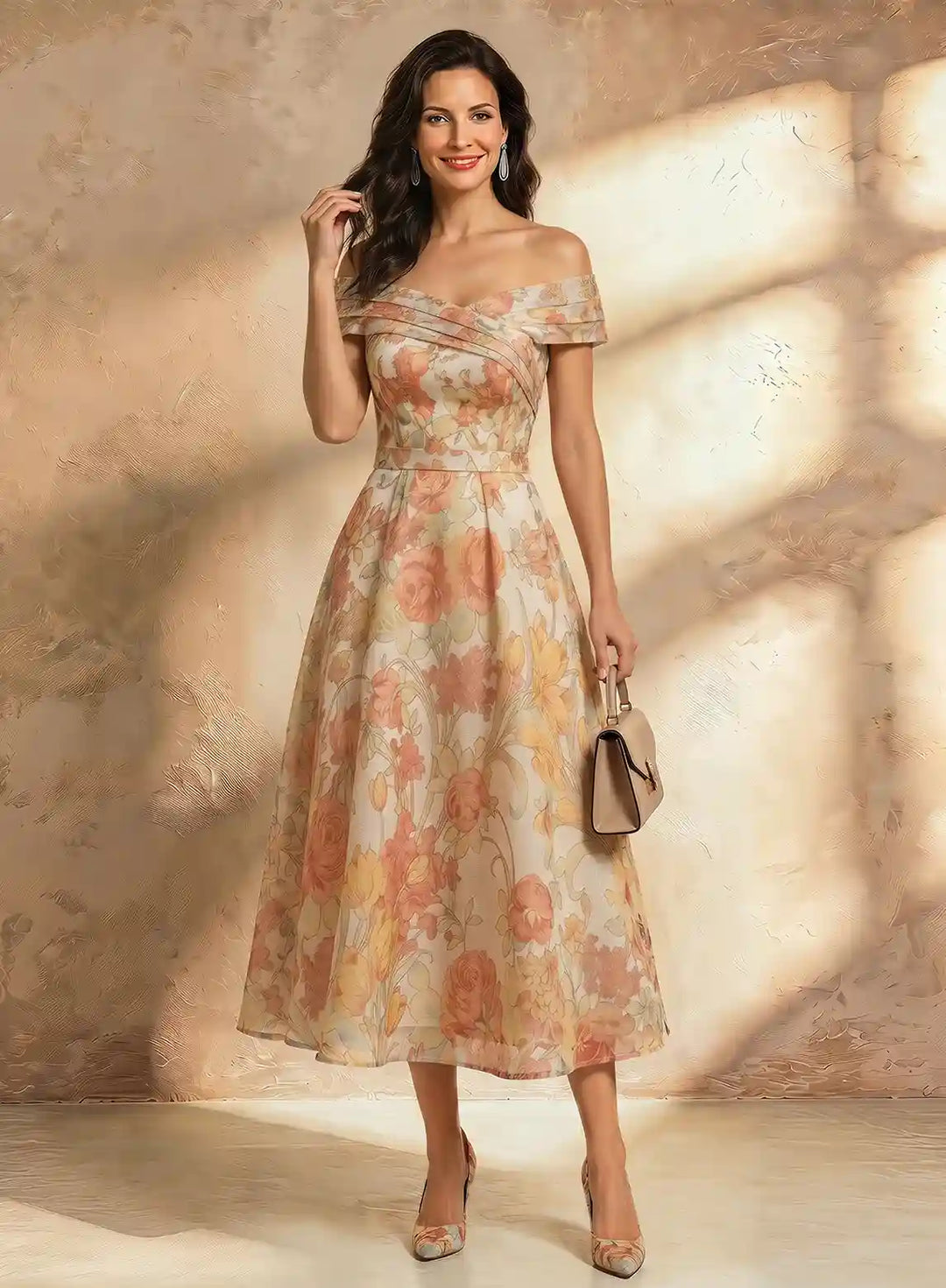 Orange floral mother of the bride midi dress with elegant off shoulder A-line silhouette