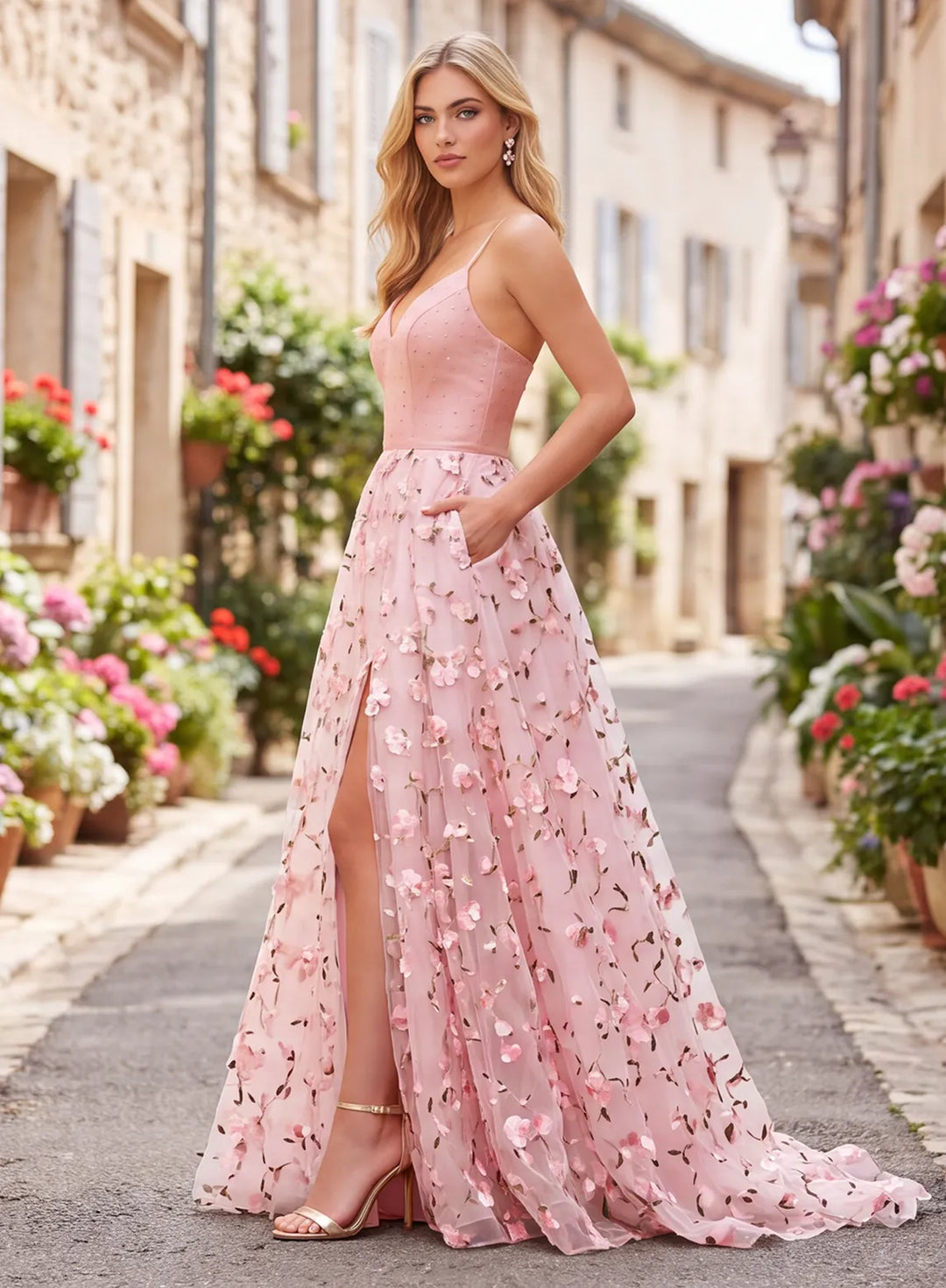 Pink 3D floral A-line prom dress side view