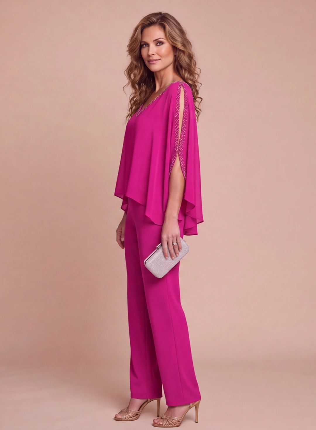 Elegant pink cape pantsuit set with flowing wide leg pants for wedding occasions