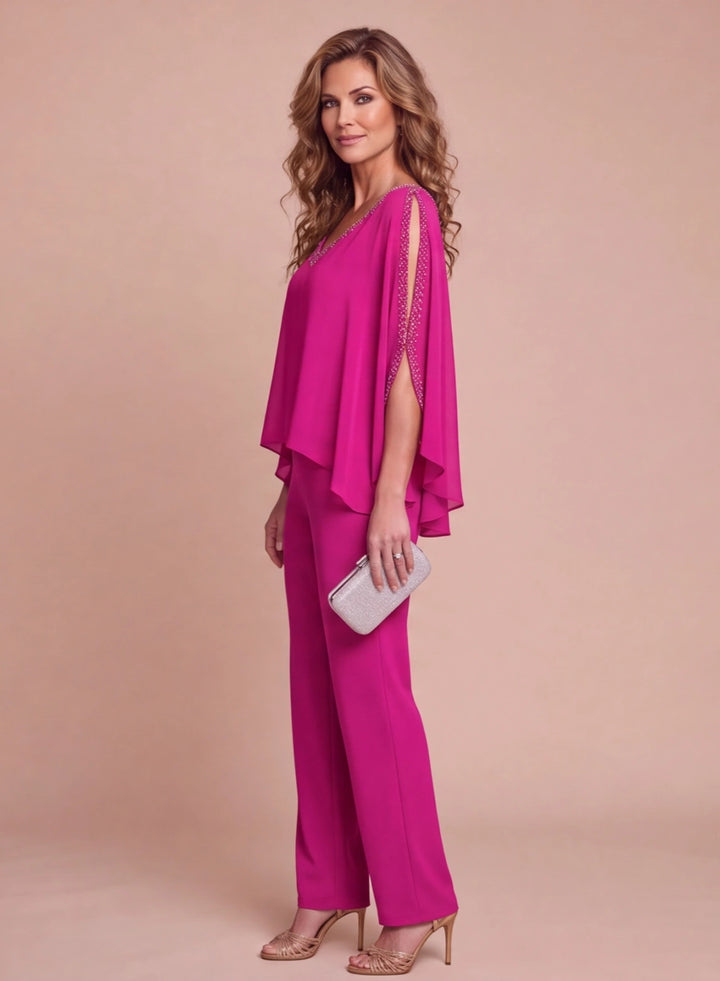 Elegant pink cape pantsuit set with flowing wide leg pants for wedding occasions