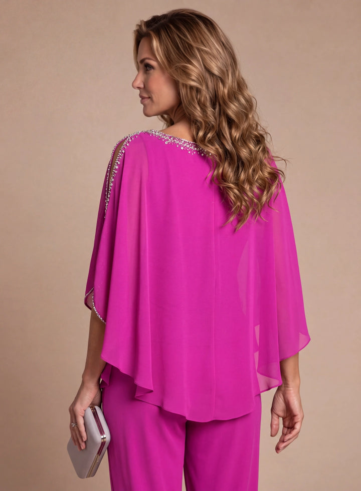 Back detail of elegant pink cape top for special occasion pantsuit