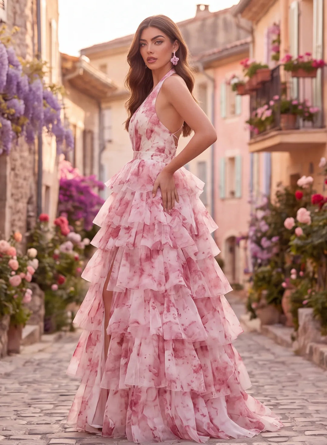 Pink floral halter prom dress side view with tiered ruffle skirt
