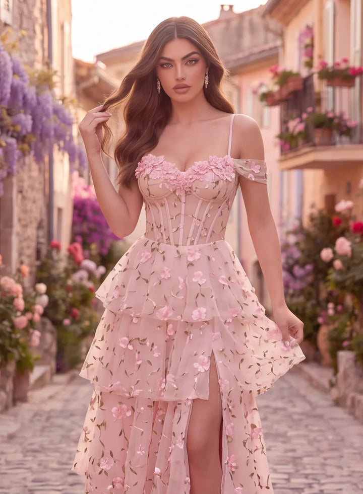 Floral lace detail on pink prom dress with sweetheart neckline