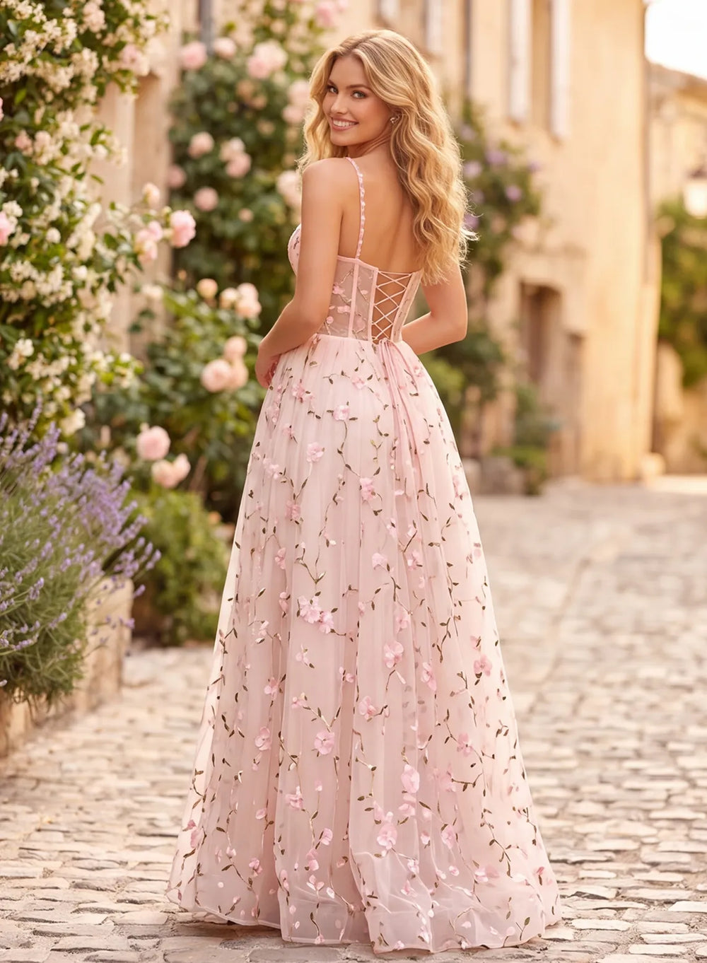 Pink floral prom dress with lace-up back and spaghetti straps