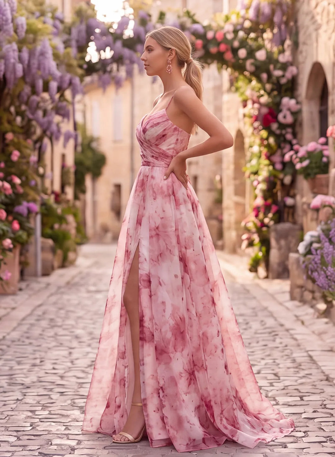 Pink floral organza A-line prom dress side view