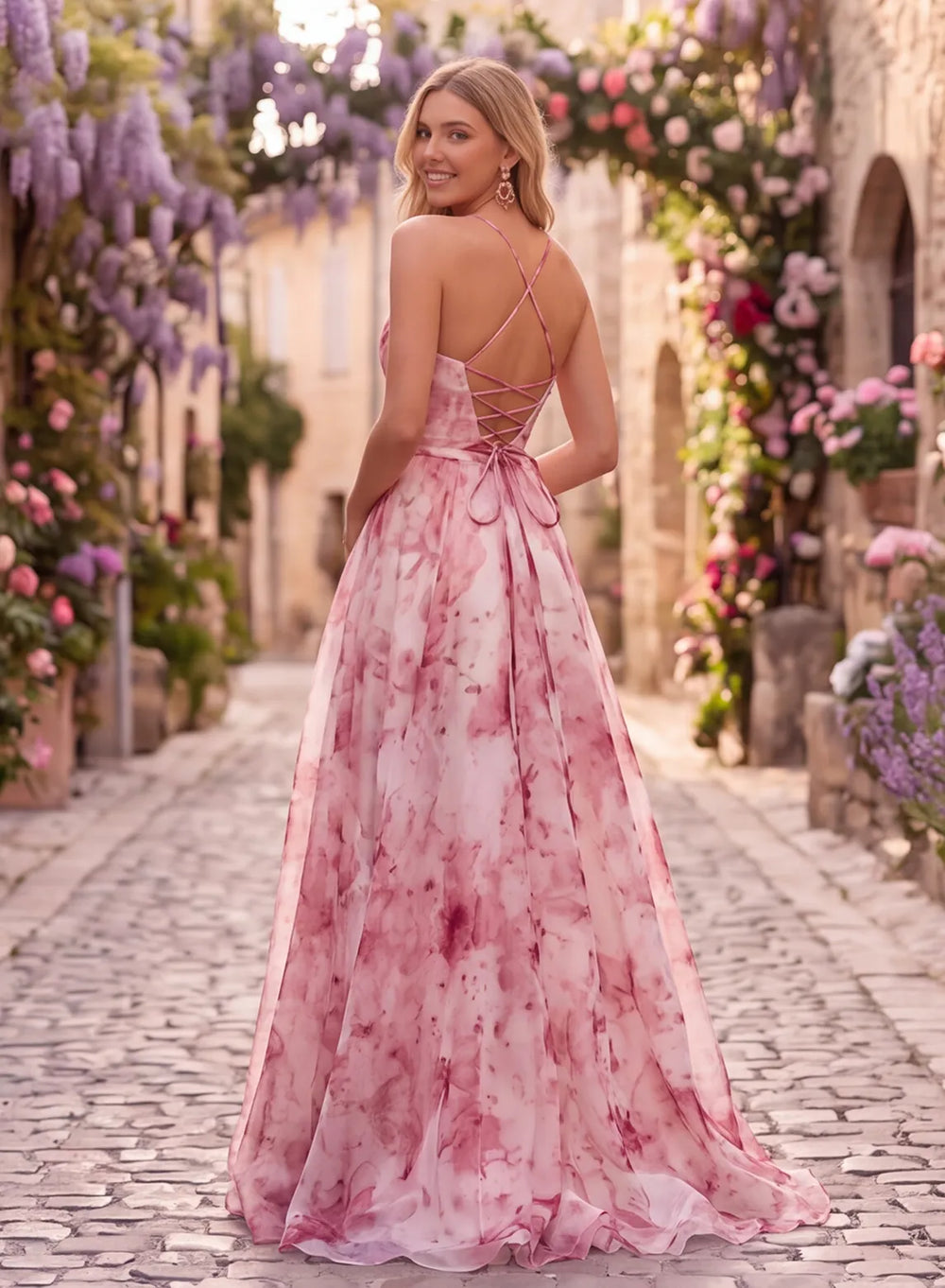 Pink floral organza prom dress with lace-up open back