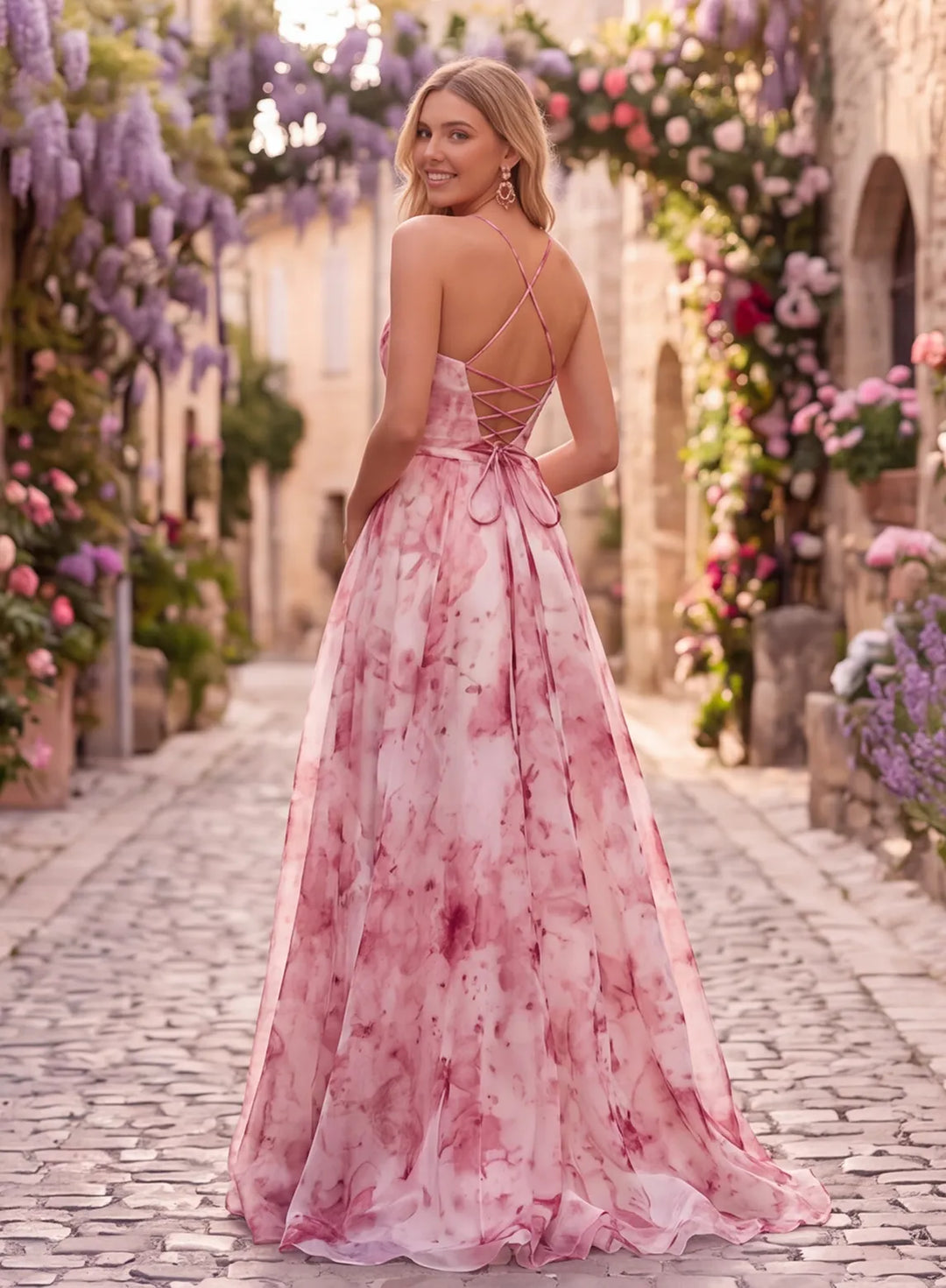 Pink floral organza prom dress with lace-up open back