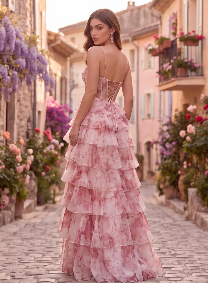 Pink floral organza prom dress with lace-up back