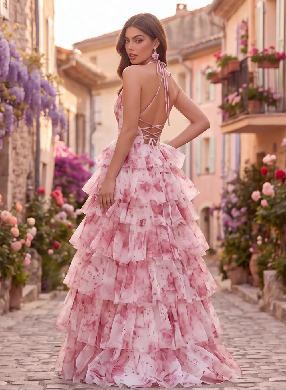 Pink floral organza prom dress with open lace-up back