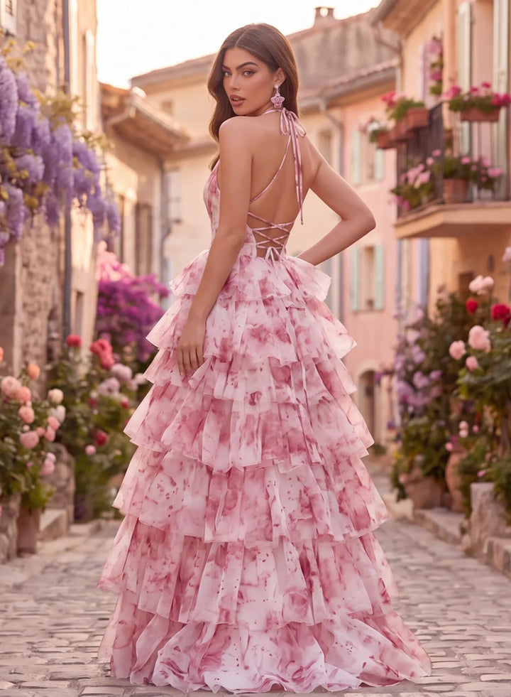 Pink floral organza prom dress with open lace-up back