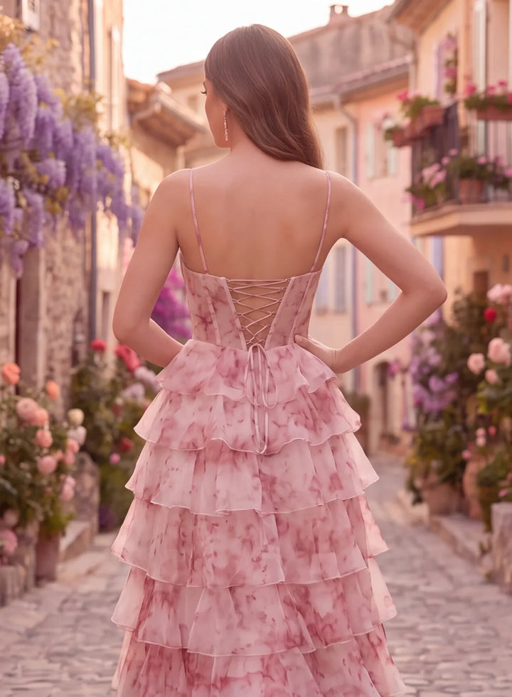 Lace-up back detail on a pink floral organza prom dress