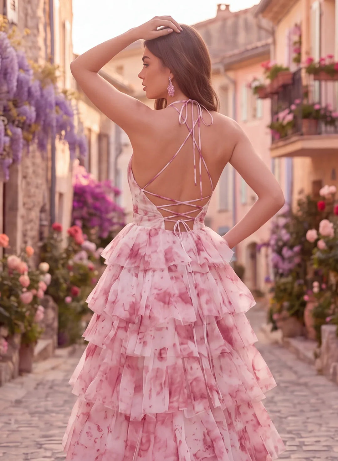 Open lace-up back detail on a pink floral prom dress