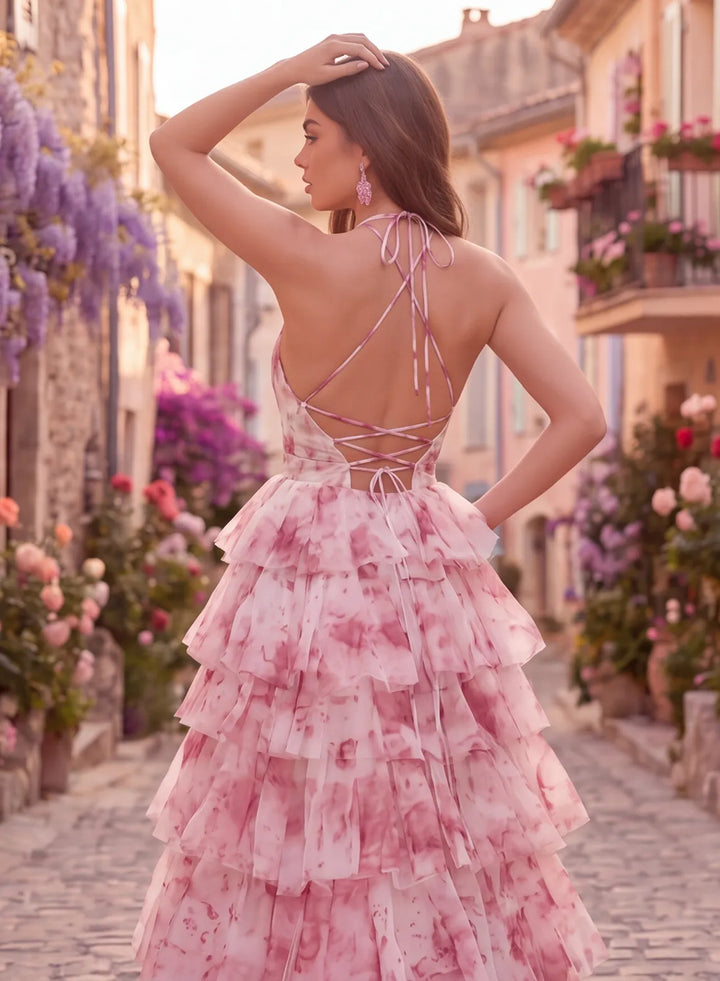 Open lace-up back detail on a pink floral prom dress