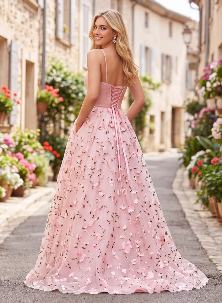 Pink floral prom dress with lace-up open back