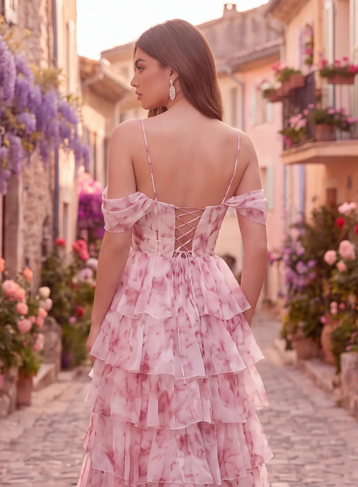Corset lace-up back detail on a pink organza prom dress