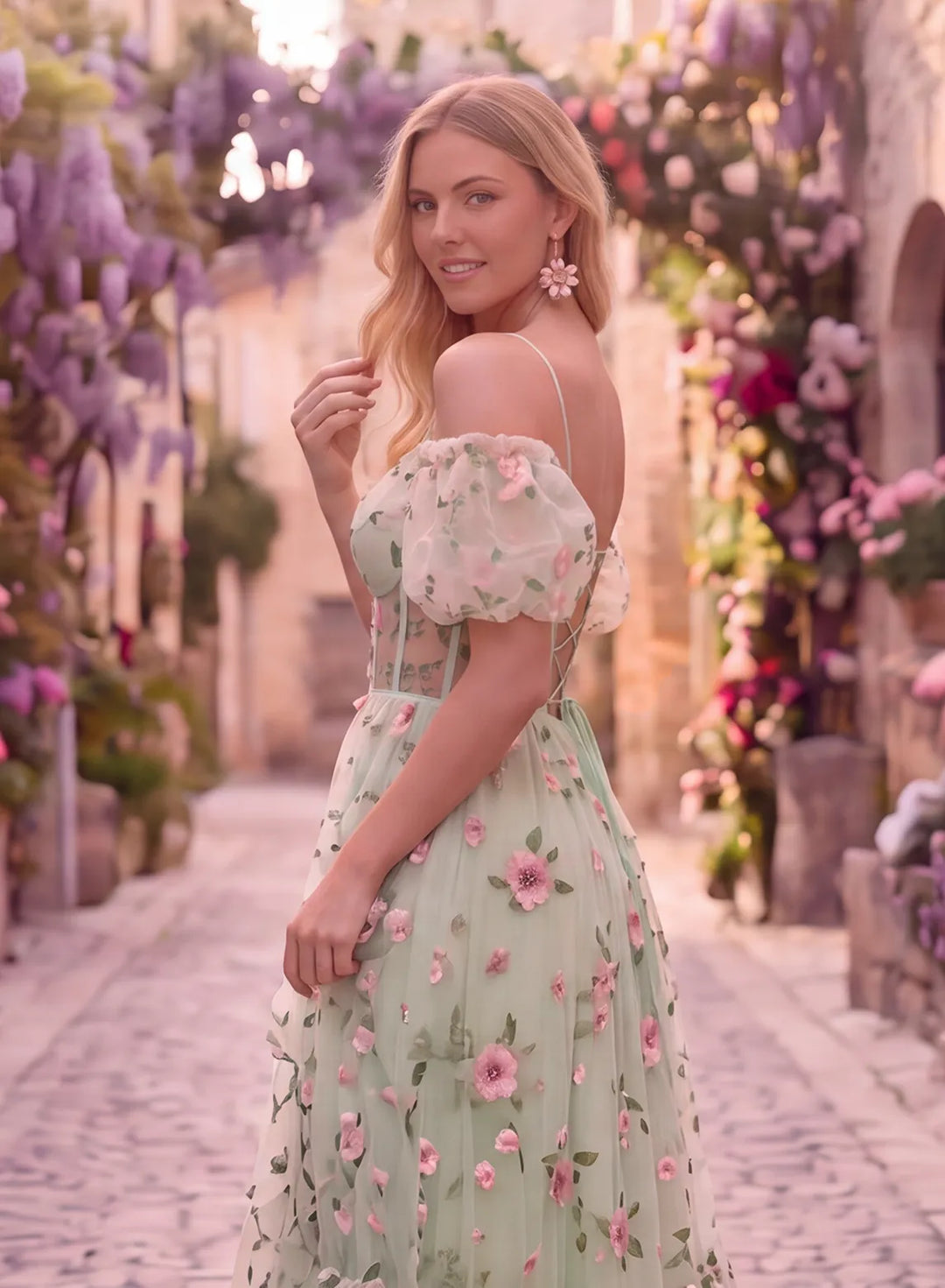 Floral prom dress with sheer puff sleeves detail