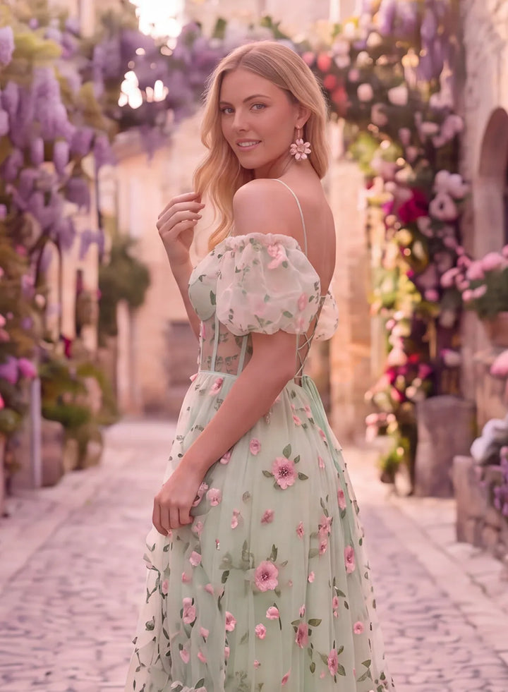 Floral prom dress with sheer puff sleeves detail