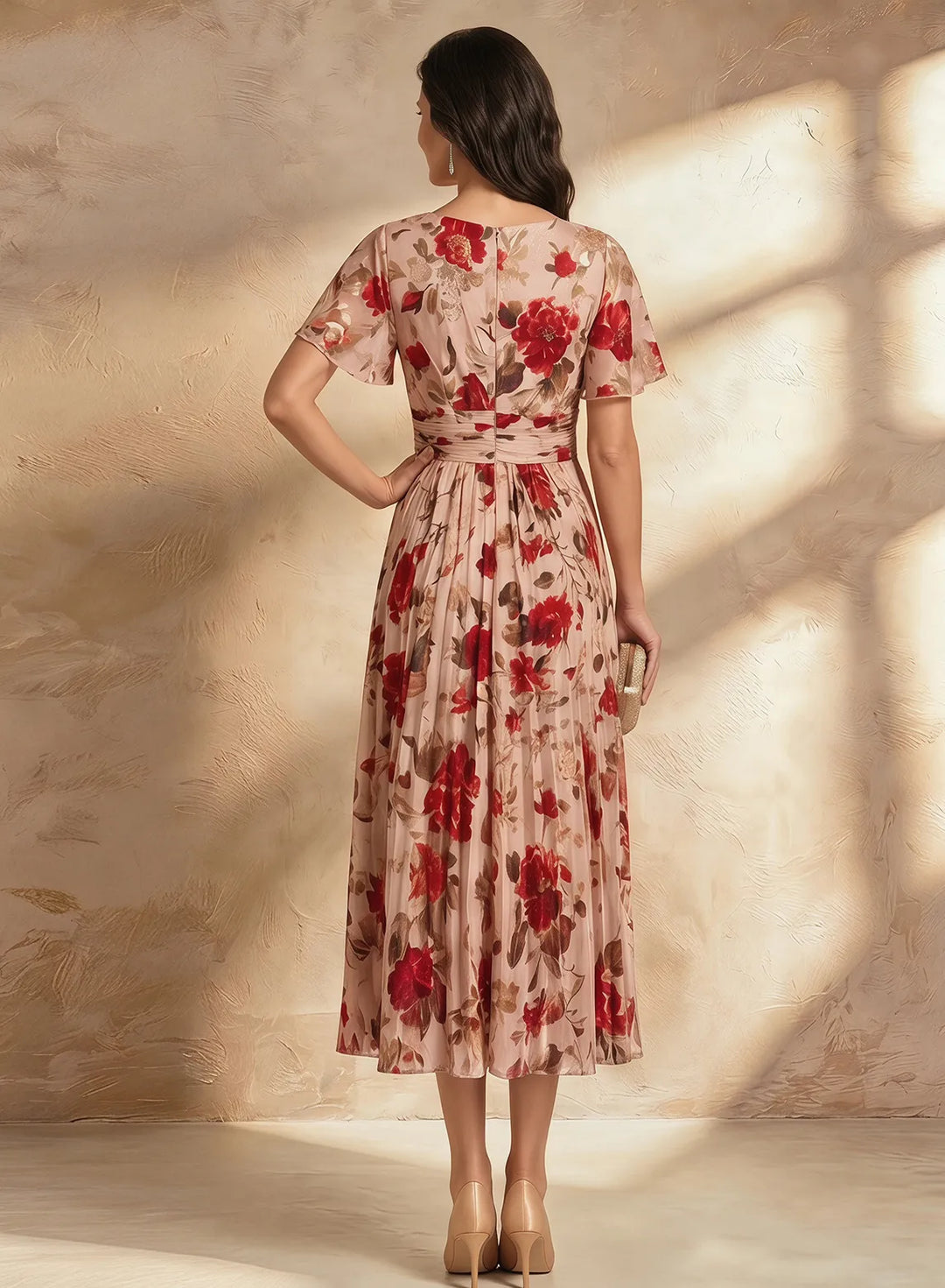 Red floral midi wedding guest dress, back view