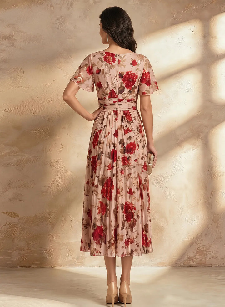 Red floral midi wedding guest dress, back view
