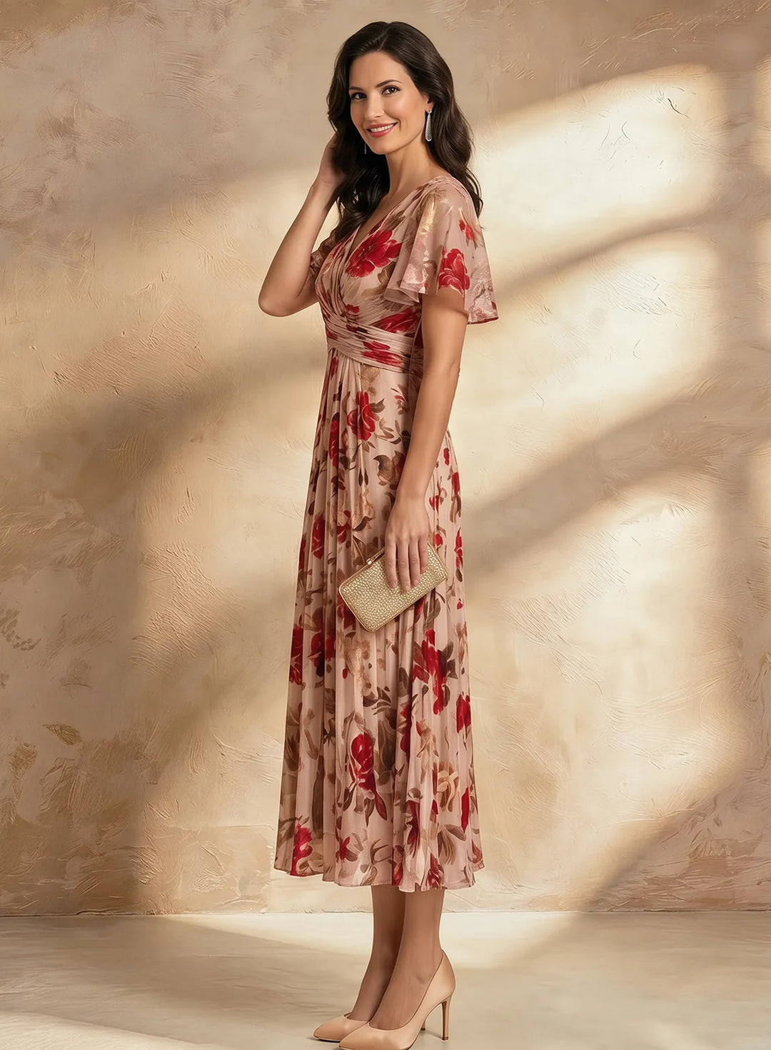 Red floral V-neck wedding guest dress, side view